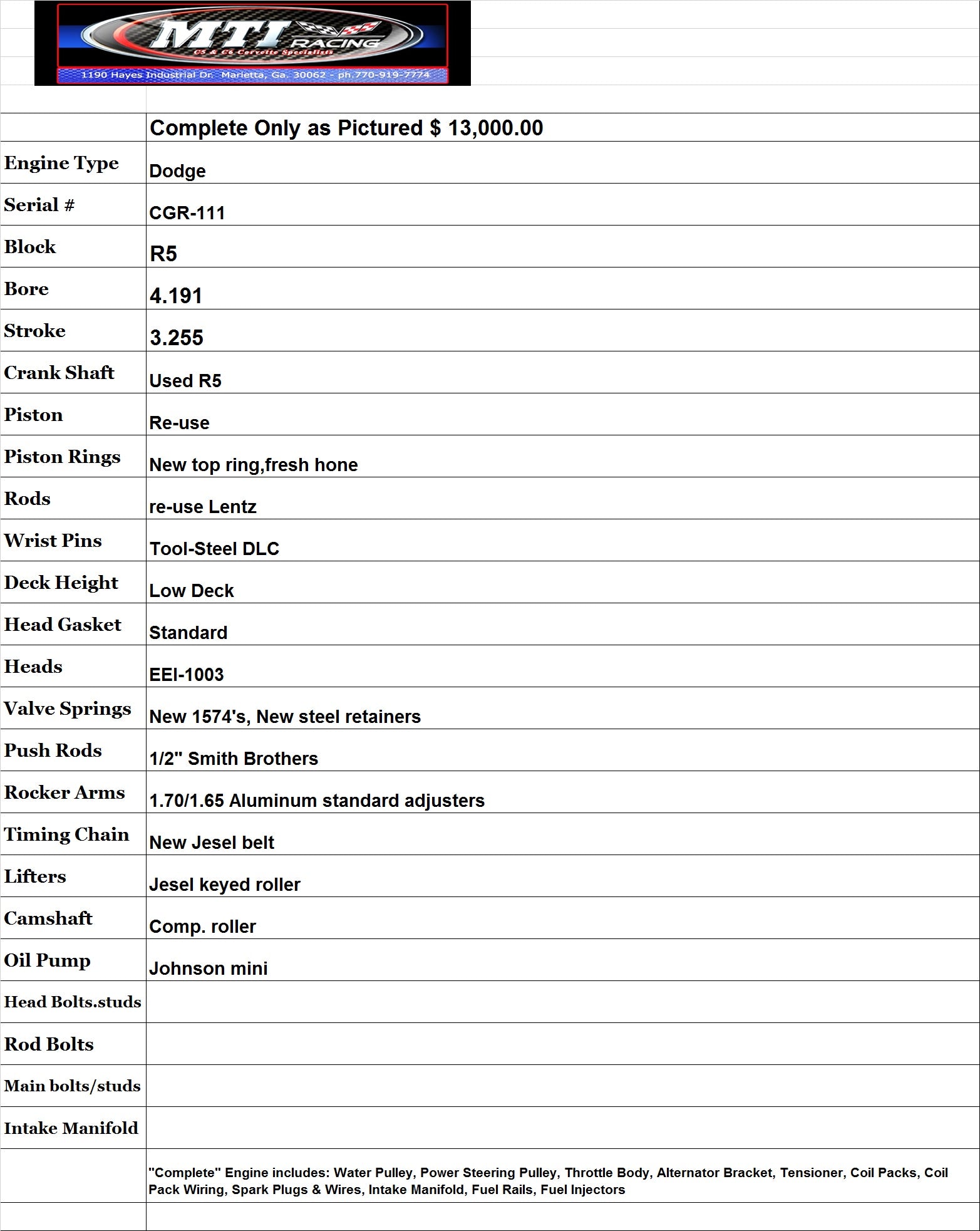 MTI Racing #CGR-111 Dodge R5 Engine 824hp & 510 ft/lb of Torque