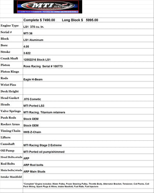 MTI Racing #36  LS1 375 Cu In Engine  535hp & 449 ft/lb of torque